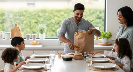 A happy, diverse family of four is gathered around a dining table in a modern kitchen. The smiling father is unpacking takeaway food from a brown paper bag, while the mother and two children look on, ready to eat.の素材