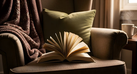 An open book rests on a comfortable armchair, next to a cozy throw blanket and a steaming mug of a hot beverage. The warm, inviting scene evokes feelings of relaxation, comfort, and the joy of reading at home.の素材