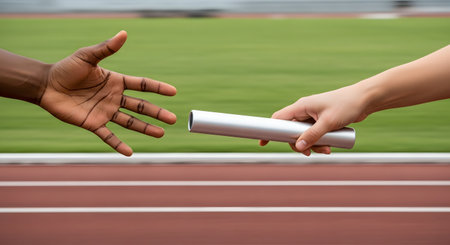 A close-up of a relay race baton pass on a running track. One athlete's hand is outstretched to receive the metal baton from another runner, symbolizing teamwork, speed, and passing responsibility.の素材