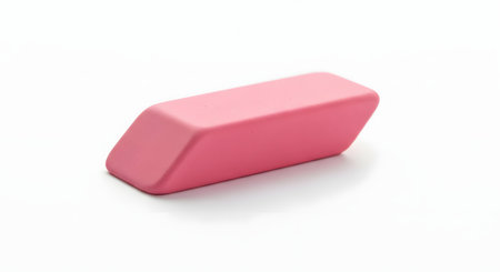A single, classic pink rubber eraser with beveled edges, isolated on a clean white background. This is a standard school or office supply used for correcting pencil mistakes.の素材