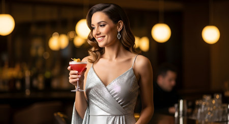 A beautiful, smiling woman in a glamorous silver sequin dress holds a pink cocktail in an elegant bar. The background is softly lit with bokeh lights, creating a sophisticated and festive atmosphere for a night out or a party.の素材