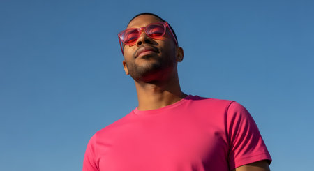 A low-angle shot of a confident Black man wearing a bright pink t-shirt and matching pink-tinted sunglasses. He is looking off-camera against a clear, vibrant blue sky, creating a bold, stylish, and summery image.の素材