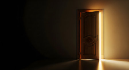 In a dark, empty room, a wooden door is slightly open, allowing bright, warm, golden light to stream in. The light illuminates the floor and the edge of the door, creating a strong contrast and symbolizing hope, opportunity, or a new beginning.の素材