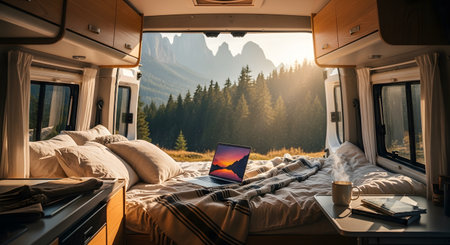 The cozy interior of a camper van, showing a comfortable bed with pillows, a blanket, a laptop, and a steaming mug. The van's back doors are open, revealing a stunning view of a mountain forest landscape at sunrise.の素材