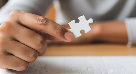 A close-up shot of a person's hand holding a single white jigsaw puzzle piece, ready to place it into the puzzle below. This image symbolizes finding a solution, completion, the final step, or a missing piece in a concept.の素材