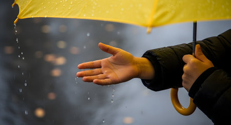A person's hand reaches out from under a yellow umbrella to feel the falling rain. Raindrops are seen dripping from the umbrella and splashing on the hand, with a blurred, dark background.の素材