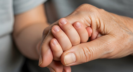 A close-up macro shot showing a small child's hand gently holding the wrinkled hand of an elderly person. The image conveys concepts of family, love, care, support, and the connection between generations.の素材