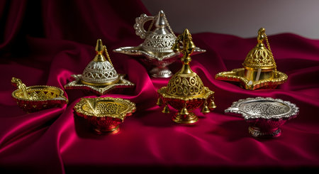 A collection of ornate, traditional Indian puja items made of gold and silver-colored metal. The set, which includes incense burners (dhoopdani) and offering bowls, is arranged beautifully on a rich, draped maroon or red silk cloth.の素材
