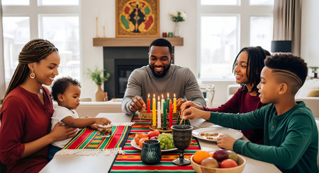 A happy Black family of five is gathered around a dining table, celebrating Kwanzaa. The father is lighting the candles of a Kinara, while the mother and three children watch and participate. The table is set with a colorful kente cloth runner, fruits, and glasses, suggesting a festive meal and cultural tradition.の素材