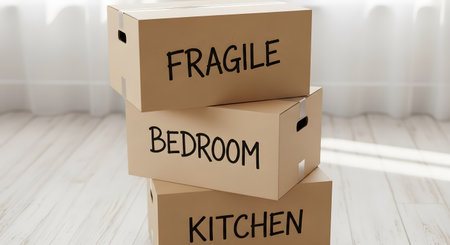 A stack of three brown cardboard moving boxes sits on a light wooden floor against a white wall. The boxes are hand-labeled with 'FRAGILE', 'BEDROOM', and 'KITCHEN' in black marker, ready for moving day.の素材