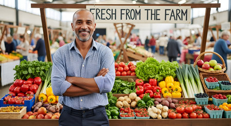A confident, smiling man with arms crossed stands proudly in front of his stall at an outdoor farmers' market. The stall is abundant with fresh, colorful vegetables and fruits, under a 'Fresh From The Farm' sign.の素材
