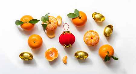 A Chinese New Year flat lay arrangement on a white background. It features fresh mandarin oranges with leaves, a red lantern, and gold ingot decorations (sycee), symbolizing good fortune and prosperity.の素材