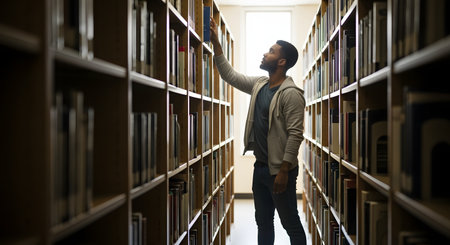 A young Black male student in a hoodie and jeans stands in a library aisle, reaching up to pull a book from a tall, well-stocked bookshelf. Light comes from a window at the end of the aisle, illuminating him as he searches for information.の素材