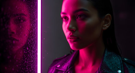 A moody, futuristic portrait of a woman with wet hair and a leather jacket, illuminated by a bright pink neon light. Her reflection is visible in a window covered in raindrops, creating a cyberpunk or neo-noir atmosphere.の素材