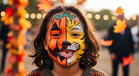 A close-up portrait of a happy child smiling and showing a missing front tooth. The child's face is expertly painted with a split design, half-tiger and half-pumpkin (jack-o'-lantern), at an outdoor autumn festival with blurred lights.の素材