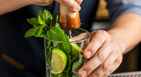 A close-up of a bartender's hands using a wooden muddler to crush fresh mint leaves and lime wedges in a glass. The action is creating a splash, releasing the flavors and oils to make a mojito cocktail.の素材