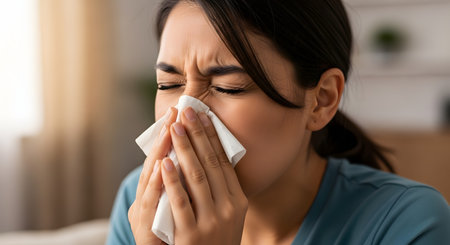 A close-up portrait of a young woman who appears sick, with her eyes squinted as she blows her nose into a white paper tissue. She is likely suffering from a cold, the flu, or allergies.の素材