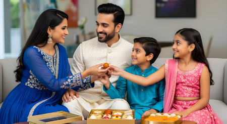A happy Indian family dressed in beautiful traditional attire celebrates a festival like Diwali or Raksha Bandhan at home. The mother is sharing a traditional sweet (laddu) with her children, while the father smiles, symbolizing family bonding, culture, and celebration.の素材