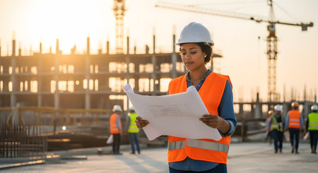 A focused female civil engineer or architect, wearing a white hard hat and orange safety vest, stands on a construction site at sunset. She is reading a large paper blueprint, with an unfinished building and cranes in the background.の素材