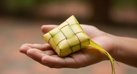 A close-up of a person's hand holding a 'ketupat', a traditional Southeast Asian rice cake. The ketupat is woven from young coconut leaves into a diamond shape, commonly served during Eid al-Fitr (Lebaran).の素材