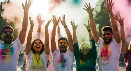 A joyful group of young friends with their hands in the air, celebrating the Holi festival outdoors. They are covered in vibrant colored powder (gulal) and smiling, with a cloud of colorful dust in the air above them.の素材