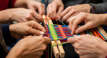 A close-up shot showing multiple pairs of hands working together on a small wooden loom. They are weaving a colorful pattern with red, blue, yellow, and green threads. The image evokes concepts of teamwork, craftsmanship, and learning a new skill.の素材