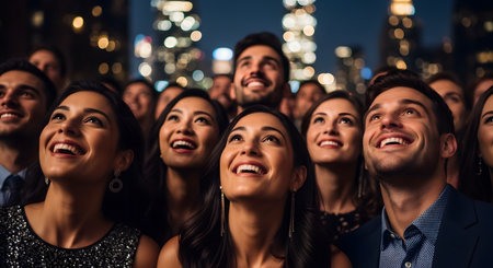 A diverse group of young, well-dressed people looks up with expressions of awe and happiness. They are in a crowd at night, with the blurred bokeh lights of a city skyline or fireworks in the background, suggesting a celebration, event, or outdoor performance.の素材