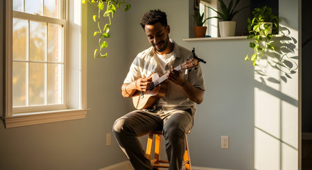 A smiling man sits on a stool in a sunlit room, playing a ukulele. He is positioned near a bright window, with hanging plants and sunlight creating a warm, relaxing, and cozy atmosphere.の素材