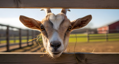A curious brown and white goat pokes its head between the wooden rails of a fence, looking directly at the camera. The background shows a sunny farm scene with a red barn blurred in the distance. This image captures a charming and inquisitive farm animal moment.の素材