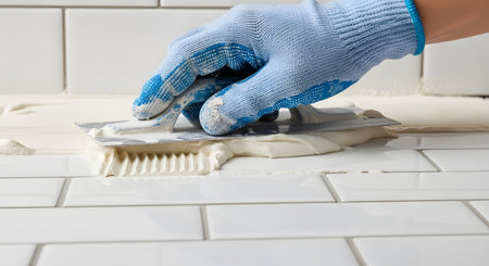 A close-up shot of a worker's hand in a blue and white glove applying white grout or tile adhesive to a wall of white subway tiles. The worker is using a notched trowel to spread the mixture evenly in the gaps.の素材