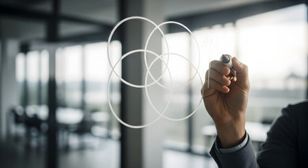 Close-up of a businessman's hand in a suit drawing a Venn diagram with four overlapping circles on a glass board. The image, set in a blurred, modern office, represents concepts like strategy, planning, intersection, and business analytics.の素材