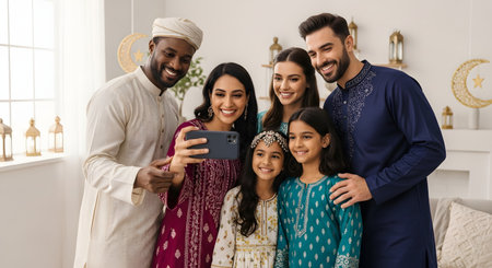A happy, diverse family of five, including two young girls, takes a selfie with a smartphone. They are dressed in traditional South Asian or Middle Eastern attire, possibly for Eid or another celebration, in a brightly lit living room decorated with crescent moons.の素材