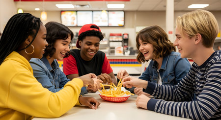 A diverse group of five happy teenagers sits around a table in a fast-food restaurant, laughing and sharing a basket of french fries. The friends are casually dressed, enjoying a social moment together.の素材