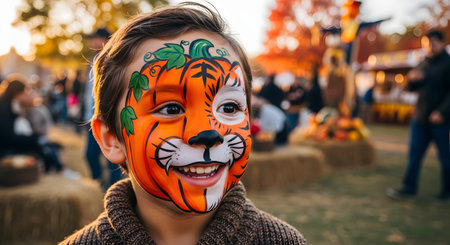A happy young boy smiles brightly, his face creatively painted as a hybrid of a tiger and a pumpkin. He is at an outdoor autumn festival, with a warm, golden-hour glow and a blurred background of other people and hay bales.の素材