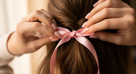 A close-up shot from behind of a woman's hands tying a delicate pink satin ribbon into a bow in her long brown hair. The image represents femininity, hairstyle, beauty, and gentle self-care.の素材