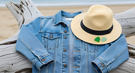 A blue denim jacket and a straw fedora hat are casually placed on a large piece of weathered driftwood. The blurred background shows a sandy beach and the ocean, evoking a relaxed, coastal, and summery vibe.の素材