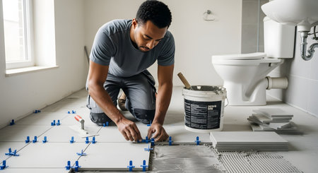 A focused man kneels on the floor, installing large grey ceramic tiles in a bathroom. He is using blue tile spacers for precision, with a bucket of grout, a trowel, and a stack of tiles nearby, as part of a home renovation project.の素材