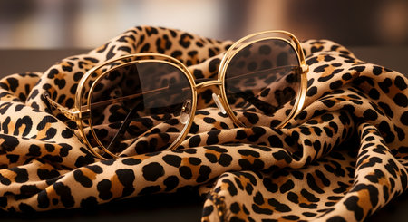 A pair of trendy, oversized sunglasses with a gold metal frame rests on a folded piece of leopard-print fabric. The image evokes a sense of fashion, style, and luxury accessories.の素材