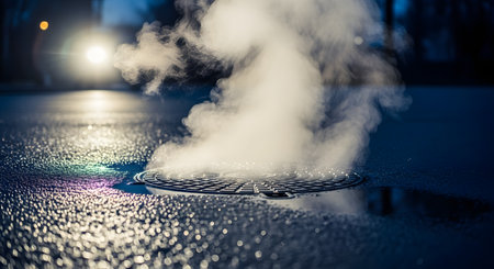 Steam rises from a metal manhole cover on a wet, reflective city street at night. In the background, the headlights of an approaching car are visible, illuminating the atmospheric urban scene.の素材