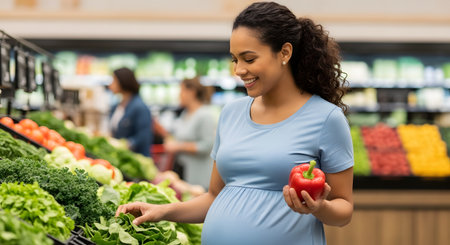 A smiling, pregnant woman in a blue t-shirt shops for fresh produce in the vegetable aisle of a supermarket. She is holding a red bell pepper and looking at leafy greens. This image represents healthy eating, pregnancy, nutrition, and grocery shopping.の素材