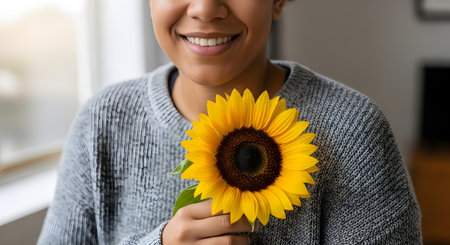 A close-up shot of a young woman with a beautiful smile, wearing a gray knit sweater and holding a single bright yellow sunflower. She is indoors near a window, and the image conveys happiness, warmth, and gentle joy.の素材
