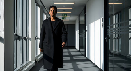 A confident business woman with short hair, wearing a long black coat, walks purposefully down a modern office corridor. Sunlight streams through large windows, creating strong shadows on the floor, conveying a sense of leadership and determination.の素材