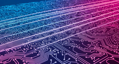 A close-up, angled view of a circuit board with glowing lines of light, transitioning from blue to pink. The intricate pattern of conductive pathways represents technology, data processing, and artificial intelligence.の素材