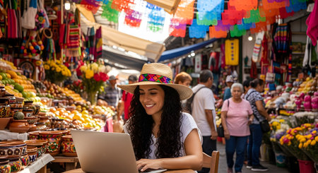 A smiling woman wearing a straw hat works on her laptop at a table in a vibrant, busy Mexican street market. She is surrounded by colorful crafts, fresh fruit stalls, and 'papel picado' banners, representing a digital nomad and remote work lifestyle.の素材