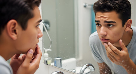 A teenage boy looks with concern at his reflection in a bathroom mirror, examining pimples on his face. He appears worried or self-conscious about his acne, representing teenage skincare issues and insecurity.の素材
