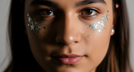 An extreme close-up portrait of a young woman's face. She has brown eyes and is looking directly at the camera with a neutral expression. She is wearing silver star-shaped glitter under her eyes.の素材
