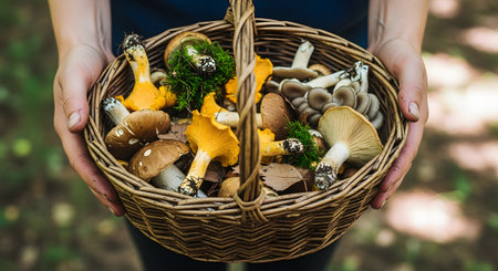 A person's hands hold a rustic wicker basket filled with a variety of freshly foraged wild mushrooms. The basket includes chanterelles, porcini, and oyster mushrooms, held against a blurred forest background. This represents foraging, nature, and organic food.の素材