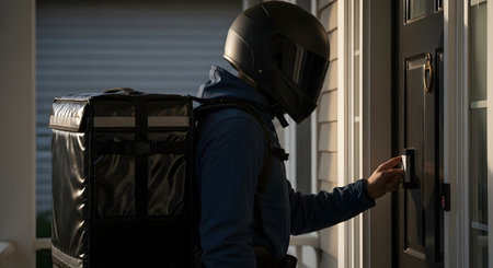 A food delivery driver wearing a black motorcycle helmet and a large thermal backpack rings the doorbell of a house. The scene is at dusk or night, with the driver's face obscured by the helmet.の素材