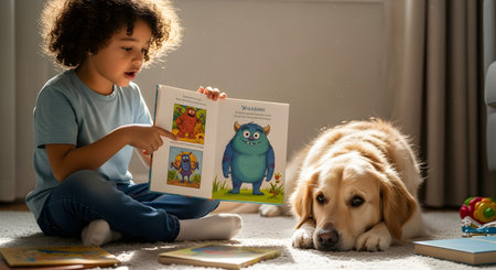 A young child with curly hair sits on a carpet, reading a colorful picture book about monsters to a golden retriever dog. The dog is lying down patiently, looking towards the child and the book.の素材