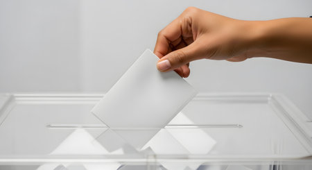 A close-up shot of a person's hand casting a vote by inserting a blank white ballot paper into the slot of a clear ballot box. This image represents the act of voting, democracy, and elections.の素材